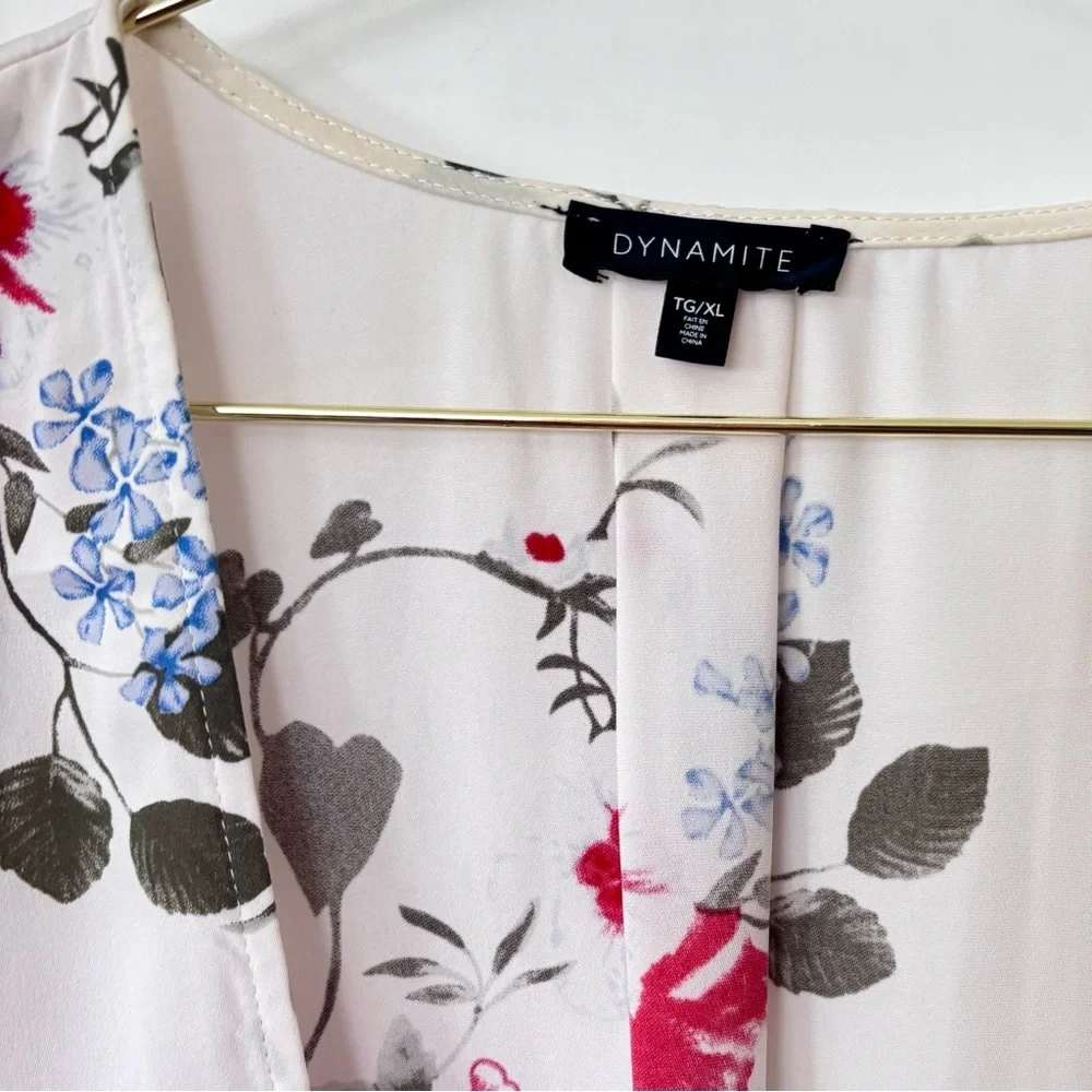 Dynamite| Y2K White Red Blue Silky Floral Print Blouse with Tie-Front Sz XL - Picture 3 of 5